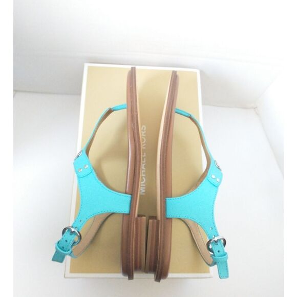 New! MICHAEL KORS Women's MK Logo Plate Thong Leather Sandals Shoes Ocean Blue - Picture 8 of 8